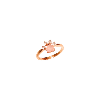 Three-dimensional rose quartz rose and garnet ring