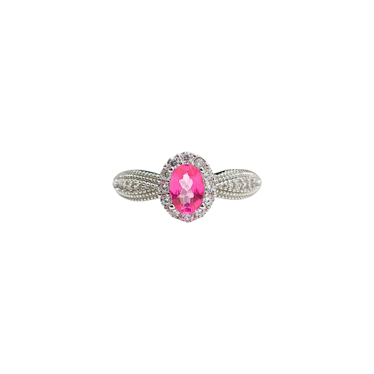 Oval Pink Topaz and Round Zirconia Ring
