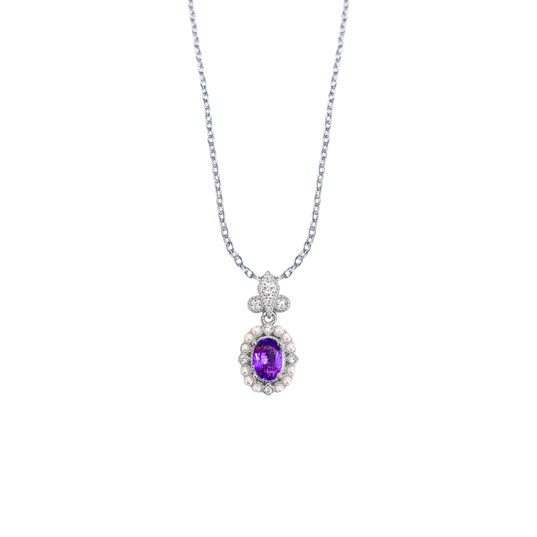 Oval amethyst and round zirconia necklace